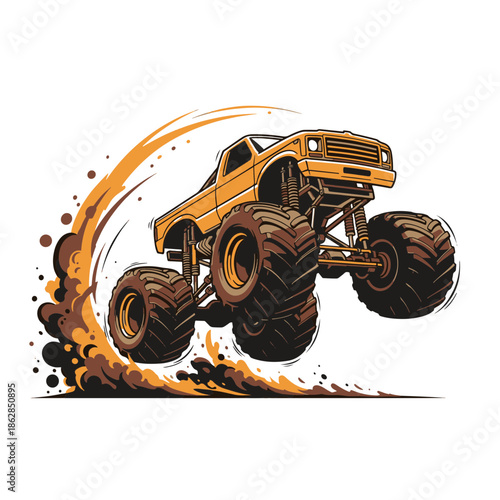 Action-Packed Monster Truck Illustration Giant Yellow Off-Road Vehicle Leaping with Dynamic Dirt Splash and Power