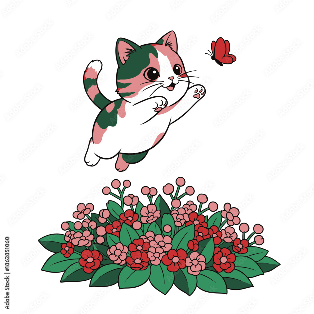Fototapeta premium Charming Illustration of a Playful Kitten Leaping Towards a Butterfly Above Vibrant Spring Flowers