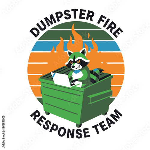 Humorous Illustration depicting a resourceful raccoon working on a laptop inside a fiery dumpster as a team