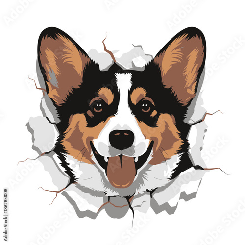 Energetic Corgi dog illustration emerging from a cracked surface, showcasing a happy and cute canine companion
