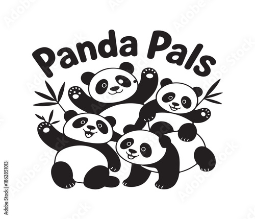 Panda pals vector illustration with bamboo cute wildlife characters group black white line art set