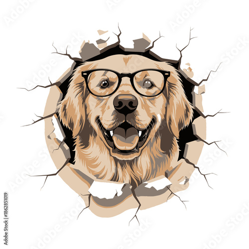 Vibrant Illustration of a Clever Golden Retriever Dog Wearing Stylish Eyeglasses, Joyfully Bursting Through a Fictional Wall, Embodying Playful Curiosity and Unexpected Discovery