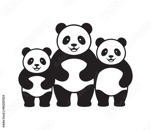 Panda family standing together vector illustration cute animal trio black white minimalist design
