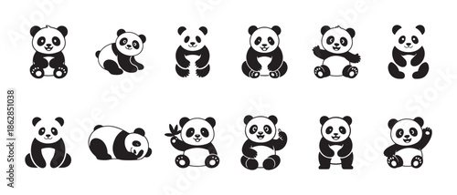 Set of cute panda vector icons minimalist black white animal silhouettes for logo design mascot art