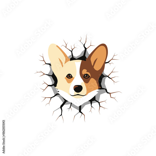 Cute and playful Corgi dog illustration peeking through a dynamic cracked surface, an engaging graphic design
