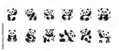 Panda character set with bamboo elements funny animal poses for stickers posters children education