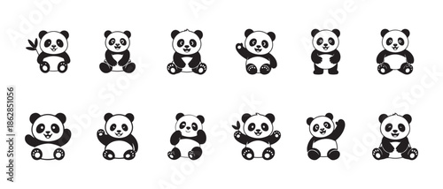Smiling panda face icons set minimalist black and white animal head illustrations for web app icons