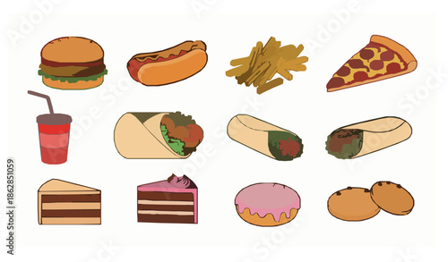 Colorful fast food circle vector illustration with junk food items