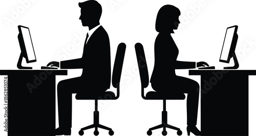 Office Workers Silhouette at Computers Illustration