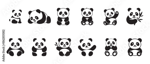 Diverse panda poses vector set from sitting to lying down black white animal icons for book design