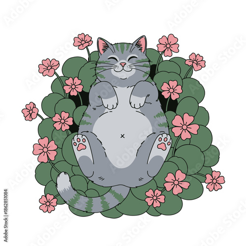 Illustration of a happy tabby cat napping amongst flowers and leaves, exuding peace and comfort
