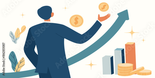 Businessman presenting financial growth with coins and rising arrow