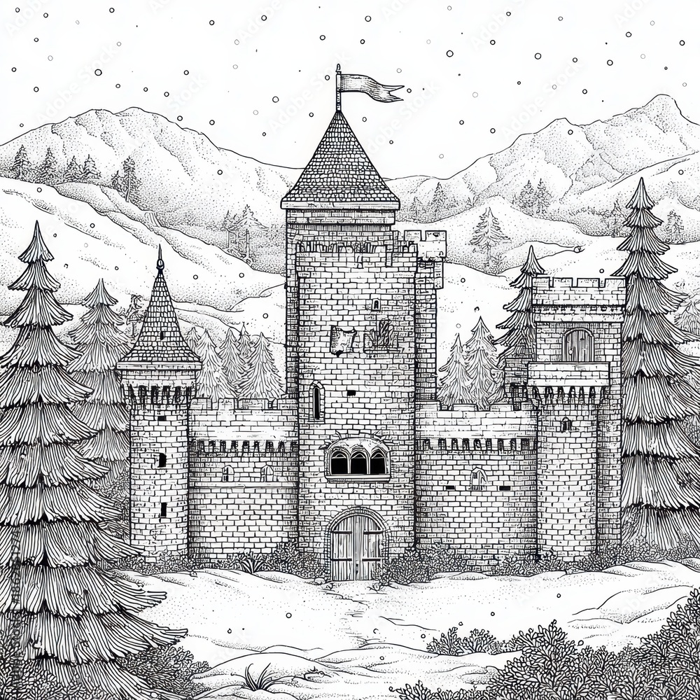 Obraz premium Intricate Hand-Drawn Winter Castle Illustration Amidst Snowy Mountains and Pine Trees.
