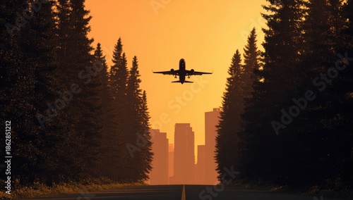 Silhouetted Jetliner Soaring Over Distant City at Sunset, Framed by Tall Pine Trees.