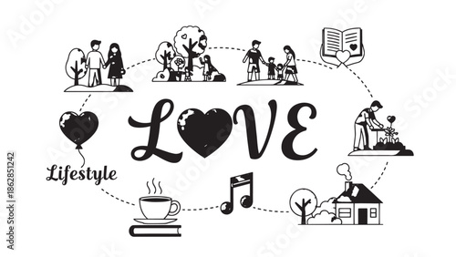 Whimsical collage celebrating love and everyday lifestyle moments in a playful illustration.