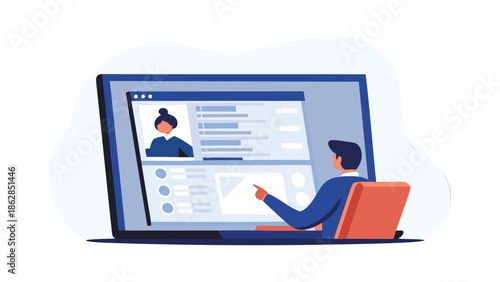 Businessman engaged in remote meeting on large computer screen