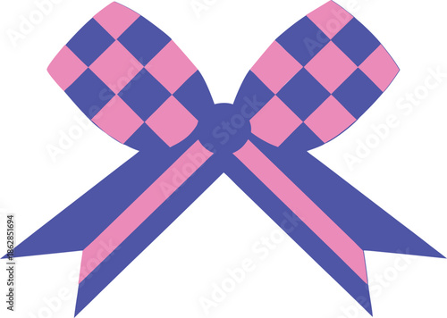pink and red chequered pattern crossed ribbon.