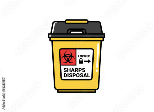 Locked sharps disposal container for biohazard medical waste safety concept