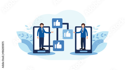 Businessmen connect through social media on smartphones with thumbs up