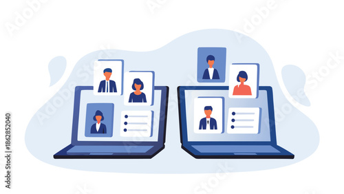 Remote team members collaborating online with laptops