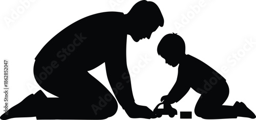 Black and white silhouette of an adult crouching down to hold the hand of a child in a dress isolated white background. 