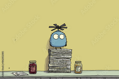 Quirky Cartoon Character Surrounded by Jars