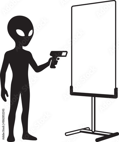 Alien aiming ray gun at whiteboard illustration extraterrestrial concept science fiction technology