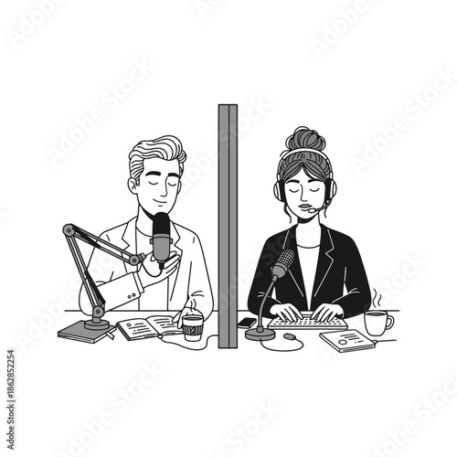 Hand drawn vector illustration of a man and woman recording a podcast or radio show in a studio with microphones and headphones, concept of broadcasting and media interview.
