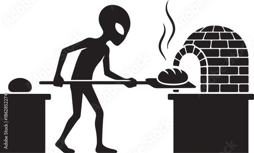 Alien baker silhouette placing loaf of bread into brick oven with peel and dough