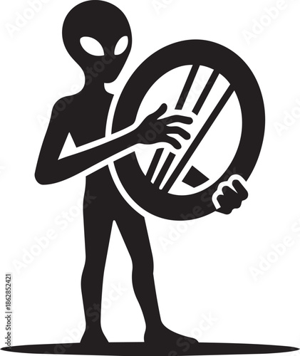 Alien creature holding large prohibition sign with diagonal lines for warning or stop signal