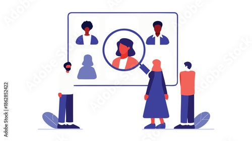 People analyzing and interacting with digital profile on large screen display