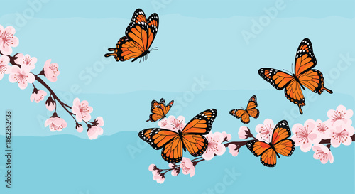 Vibrant monarch butterflies flutter gracefully among delicate pink cherry blossoms against a clear, serene blue sky, celebrating the beauty of spring.