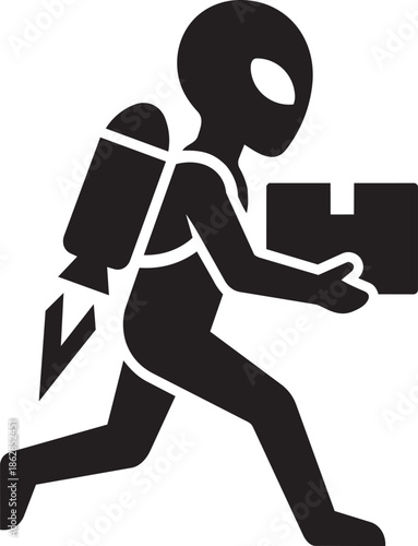 Alien delivery courier with jetpack running fast holding cardboard box parcel silhouette art