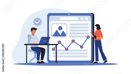 Business professionals analyzing data on large mobile device in modern office