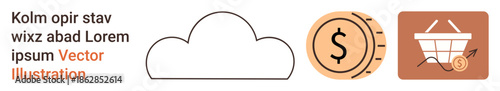 Cloud storage, financial savings, online shopping, digital currency, internet services, market growth. Icons display a cloud, a coin with a dollar sign and a shopping cart with an arrow. Cloud