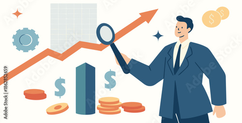 Businessman analyzing financial growth with magnifying glass and rising chart