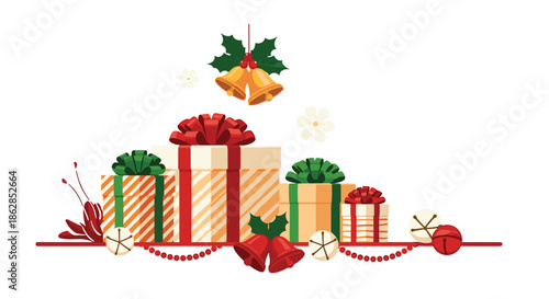 A cheerful illustration featuring an assortment of festive Christmas gifts, golden and red bells, and holly, arranged beautifully for the holiday season.
