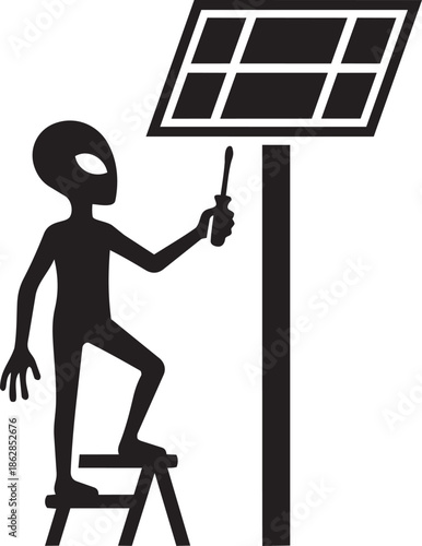 Alien installing solar panel with screwdriver on transparent background