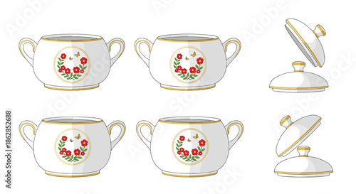 Elegant white porcelain sugar bowls with handles and decorative red floral and bee motif, complemented by gold trim, presented with matching lids.