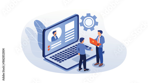 Business professionals collaborating on laptop with profile on screen