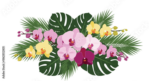 Vibrant tropical bouquet featuring pink, yellow, and magenta orchids amidst lush monstera and palm fronds.