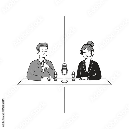 Hand drawn vector illustration of a man and woman recording a podcast or radio show in a studio with microphones and headphones, concept of broadcasting and media interview.
