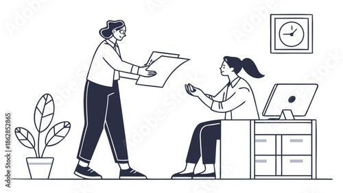 Businesswoman handing documents to colleague in modern office setting