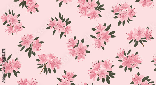 Seamless pattern with pink azalea flowers and dark green leaves on a soft pastel pink background, ideal for spring themes.