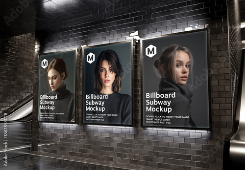 Three Black Billboards on Underground Wall Mockup