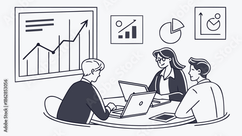 Business team analyzing data on laptops in modern office setting