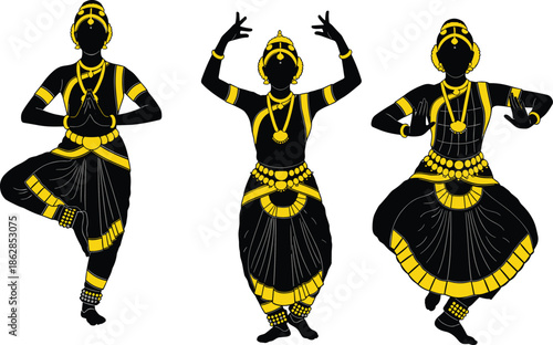 Indian classical dance silhouettes in traditional Bharatanatyam poses highlighting cultural heritage rhythmic movement ornate costume vector illustration ethnic performance art