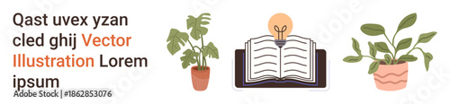 Knowledge, creativity, education, inspiration, home decor, learning. Open book with a glowing lightbulb above and two potted plants on either side. Knowledge and creativity concept