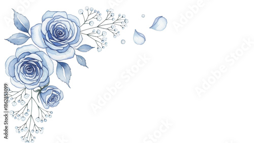 Delicate hand painted watercolor floral corner with roses and baby's breath in pastel blue isolated on white background.png