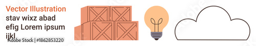 Logistics, supply chain, brainstorming, cloud storage, innovation, technology solutions. Stack of wooden crates, light bulb and a cloud icon. Logistics and cloud storage concept